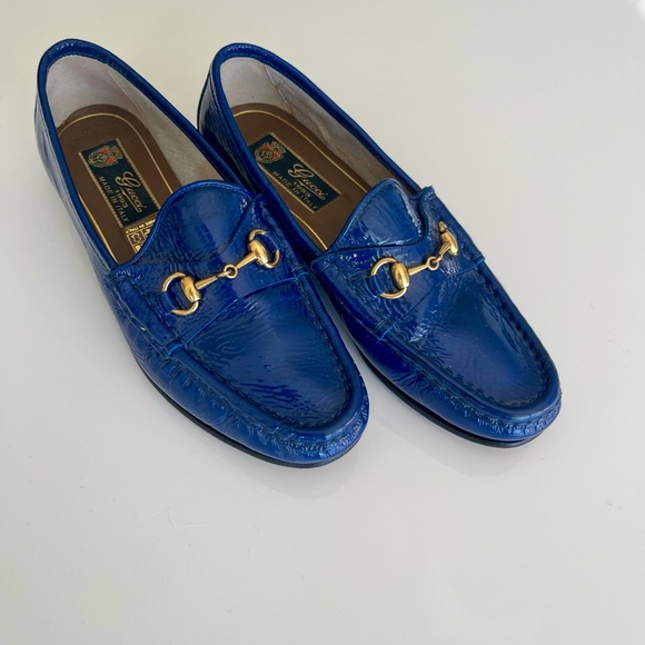Gucci Shoes - Gucci Blue Patent Leather 1953 Horsebit Slip On Loafers Size 34